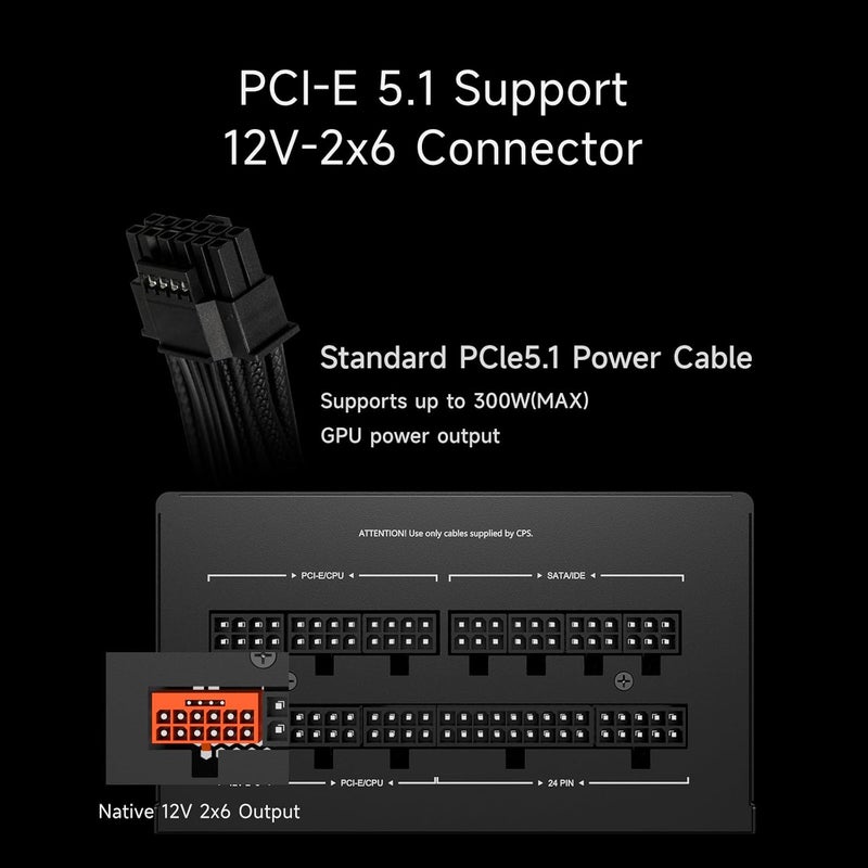 PCCOOLER PSU Fully Modular Power Supply, 650W ATX 3.1, 80 Plus Gold Certified, PCIe 5.1 12V-2×6, Japanese Capacitors, Ultra-Flexible Cables, 5-Year Warranty(KN650) - Image 5